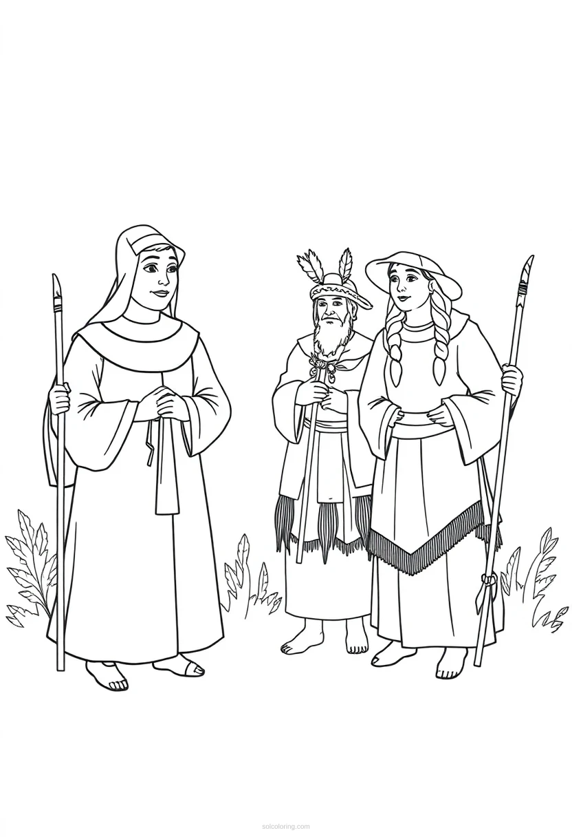Pilgrims and Native Americans coloring page for kids