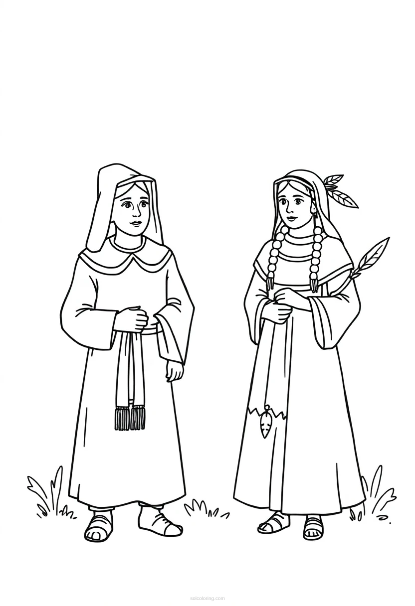 Pilgrims and Native Americans coloring page for kids