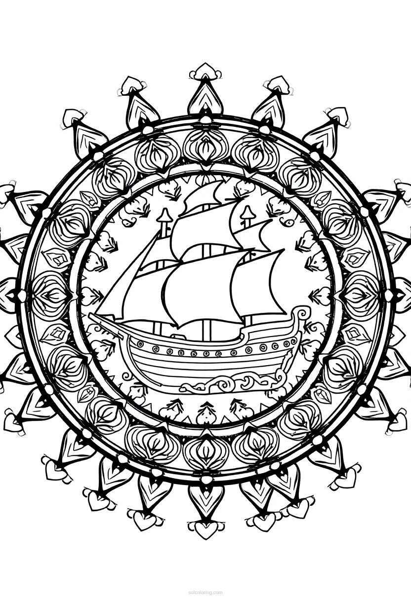 Pirate Ship Mandala coloring page for kids