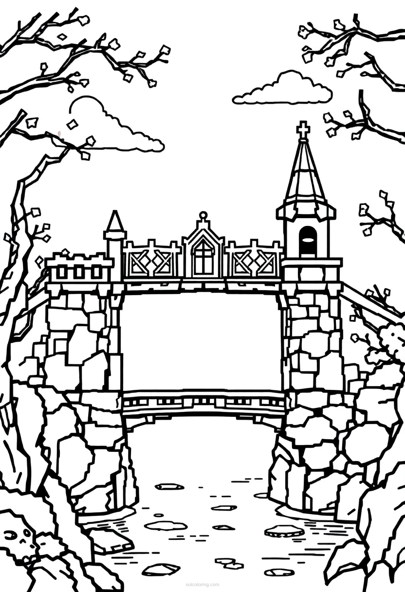 Pixel Art Enchanted Bridge coloring page for kids