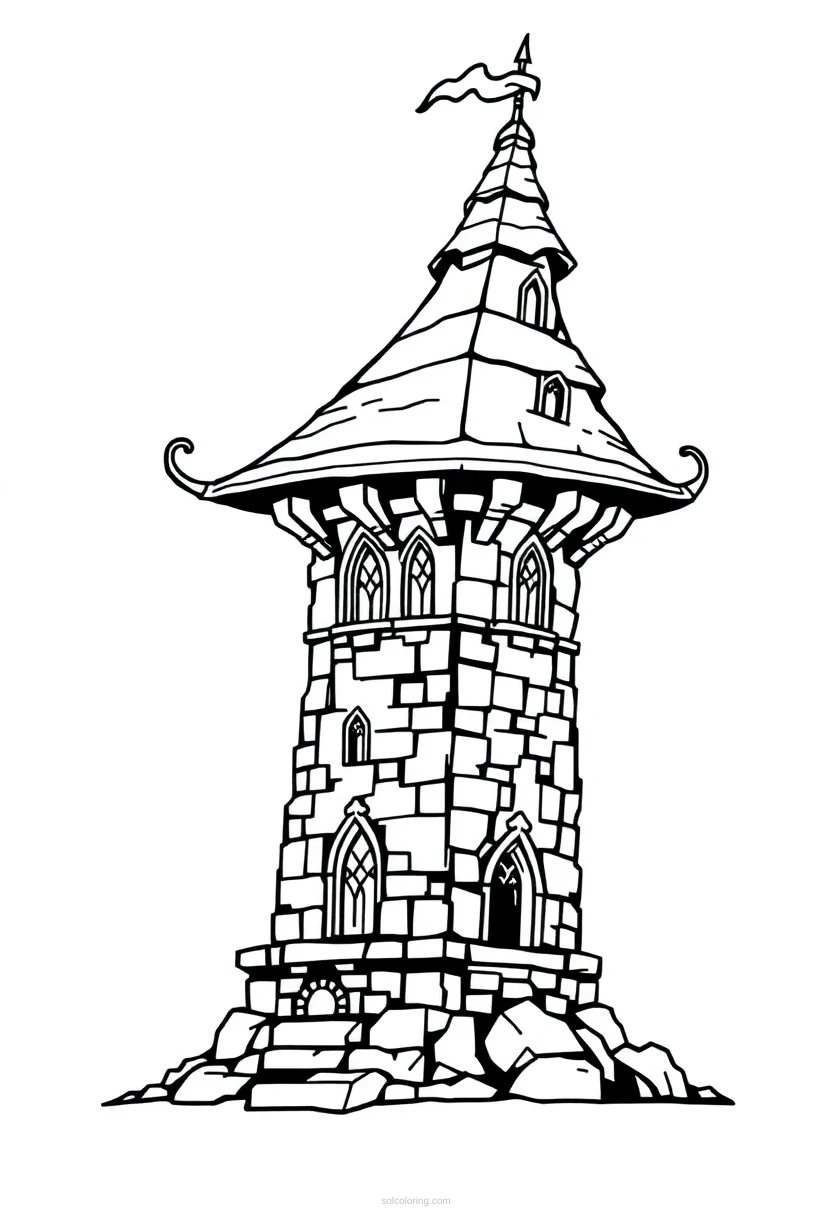 Pixel Art Wizard Tower coloring page for kids