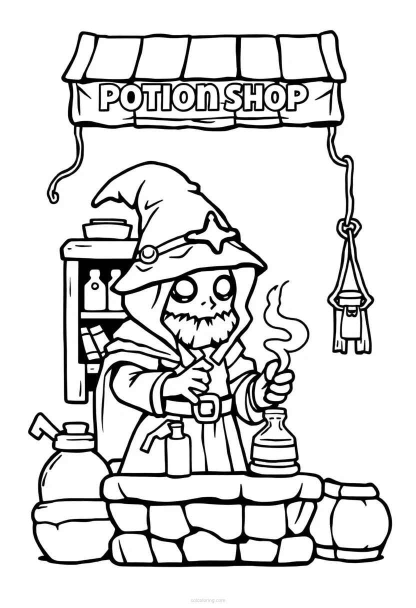 Pixel Fantasy Potion Shop coloring page for kids