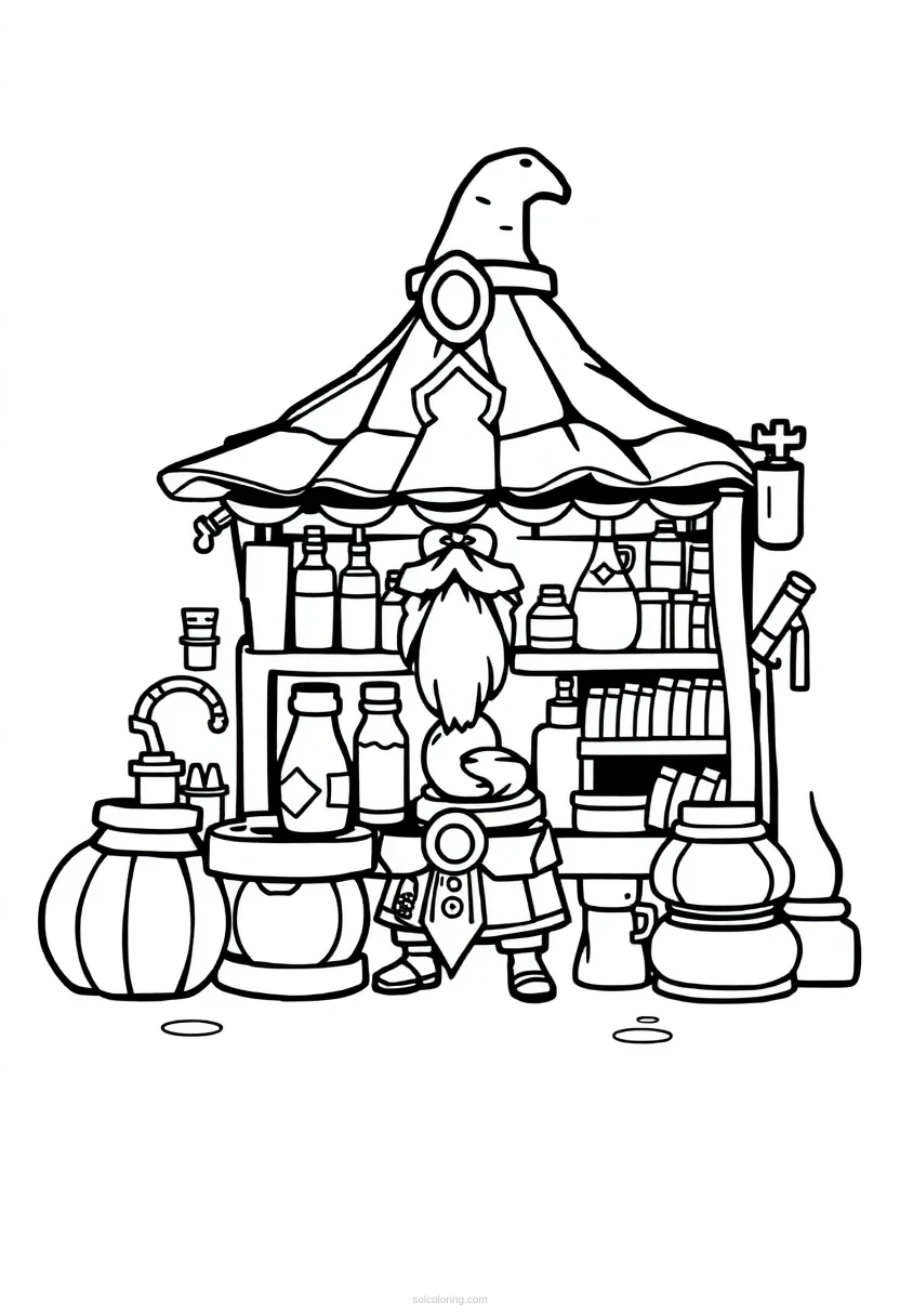 Pixel Fantasy Potion Shop coloring page for kids