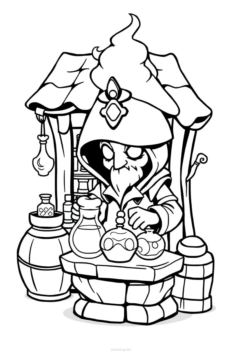 Pixel Fantasy Potion Shop coloring page for kids