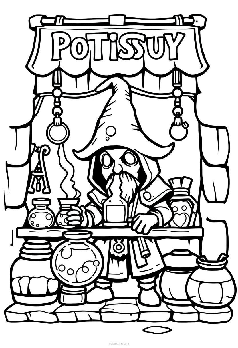 Pixel Fantasy Potion Shop coloring page for kids