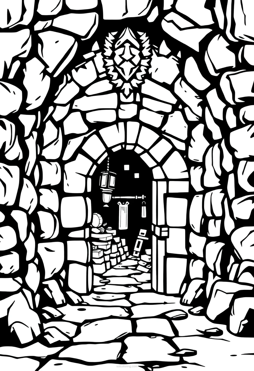 Pixelated Dungeon Entrance coloring page for kids