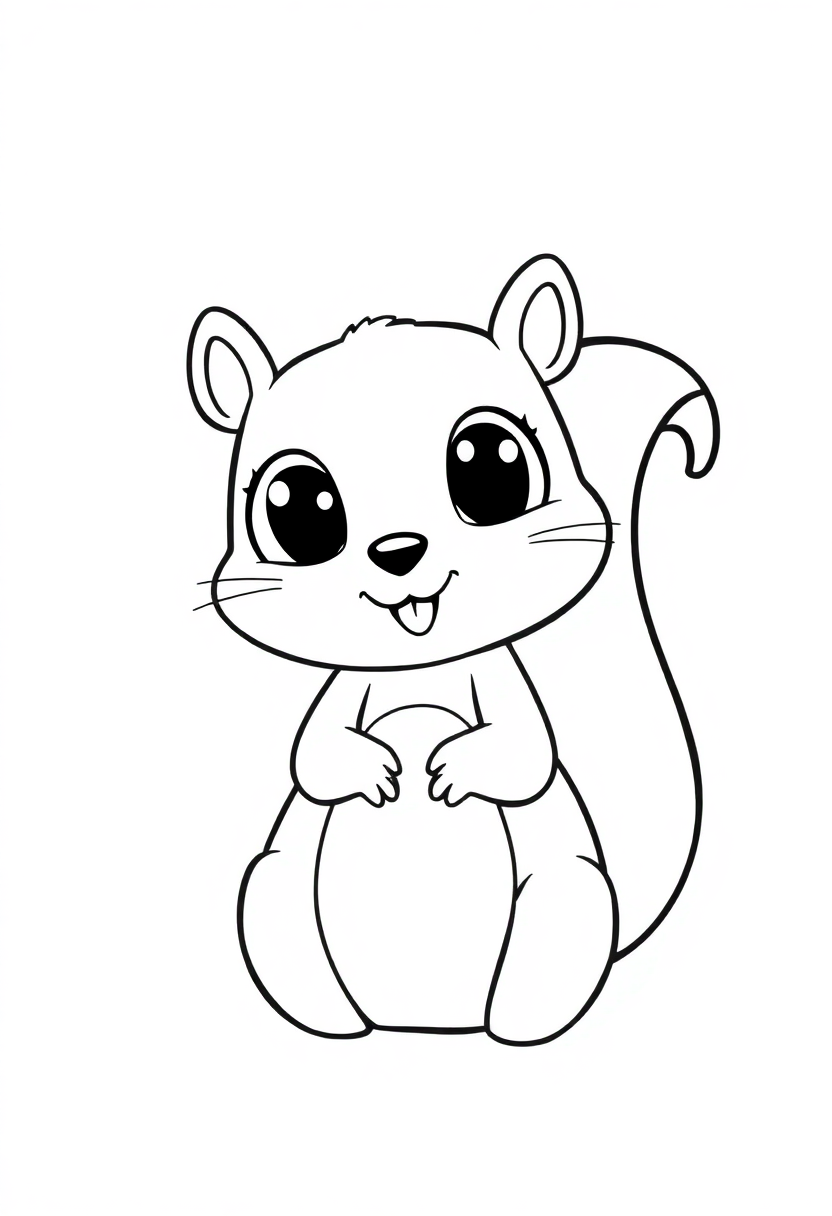 Playful squirrel coloring page showing cute cartoon squirrel with fluffy tail and bold outlines for kids to color