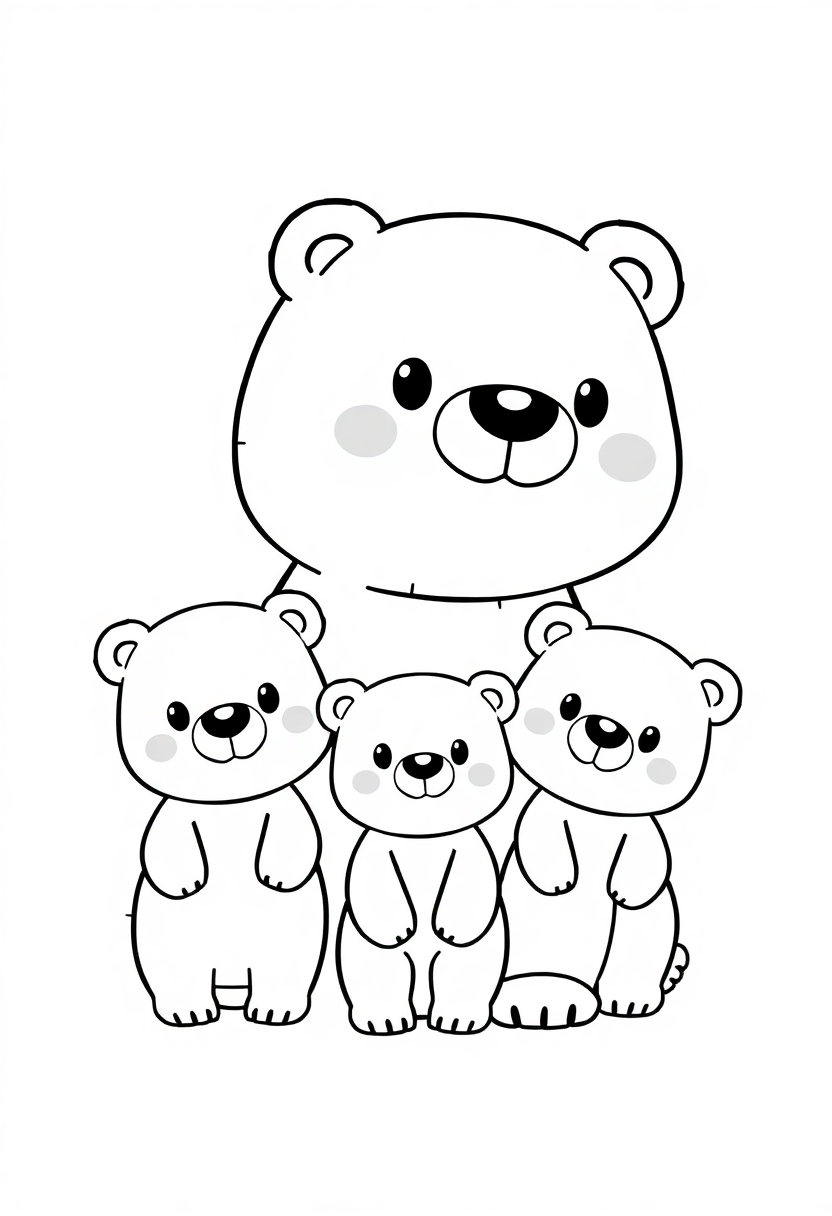 Polar bear family coloring page with chibi-style arctic bears featuring bold outlines for easy coloring