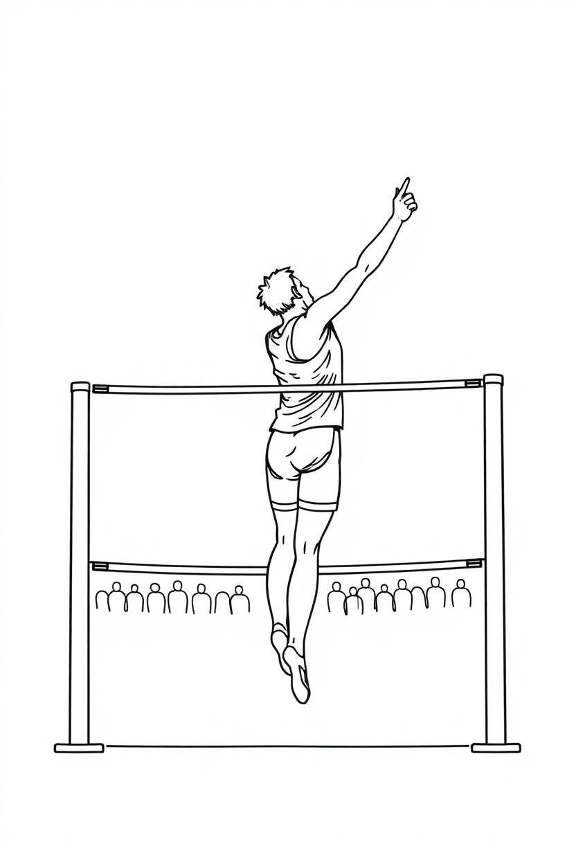 Cute cartoon pole vault competition coloring page showing athlete jumping over bar with bold outlines for kids