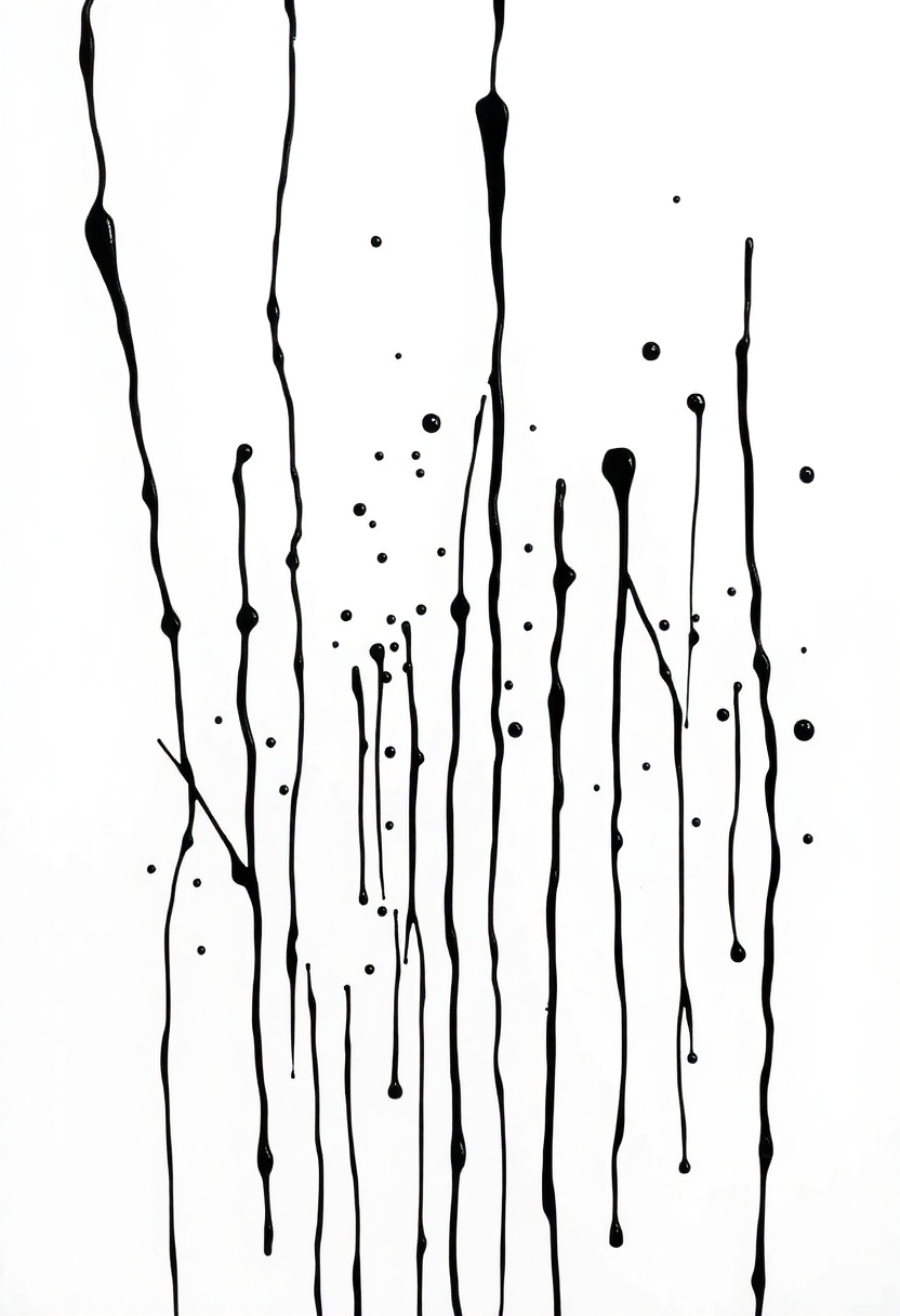Pollock drip painting coloring page with abstract flowing lines, splashes, and bold outlines in black and white