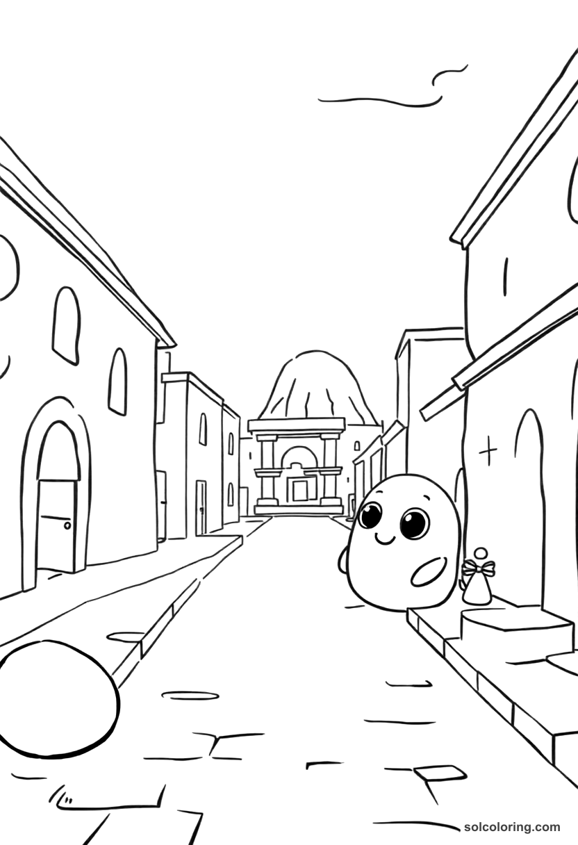 Cute Cartoon Pompeii Street Scene Before the Eruption coloring page, free printable cute cartoon style