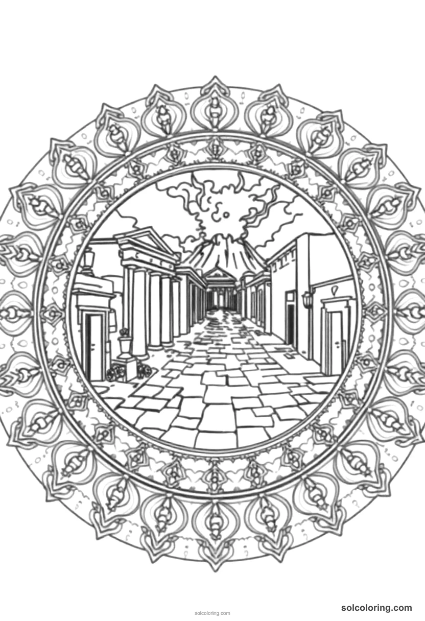 Mandala Pompeii Street Scene Before the Eruption mandala coloring page for kids