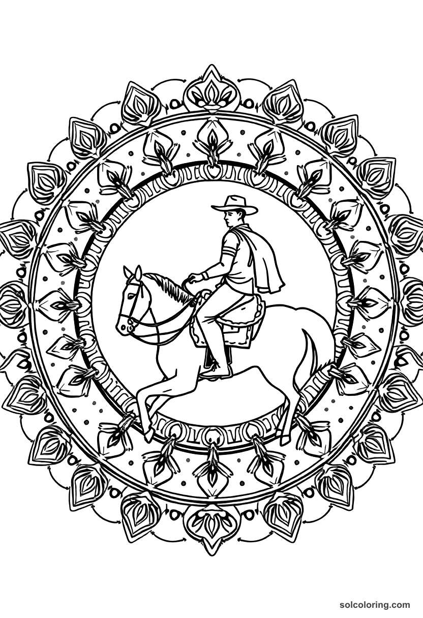 Mandala Pony Express Rider on the Trail coloring page, free printable mandala style