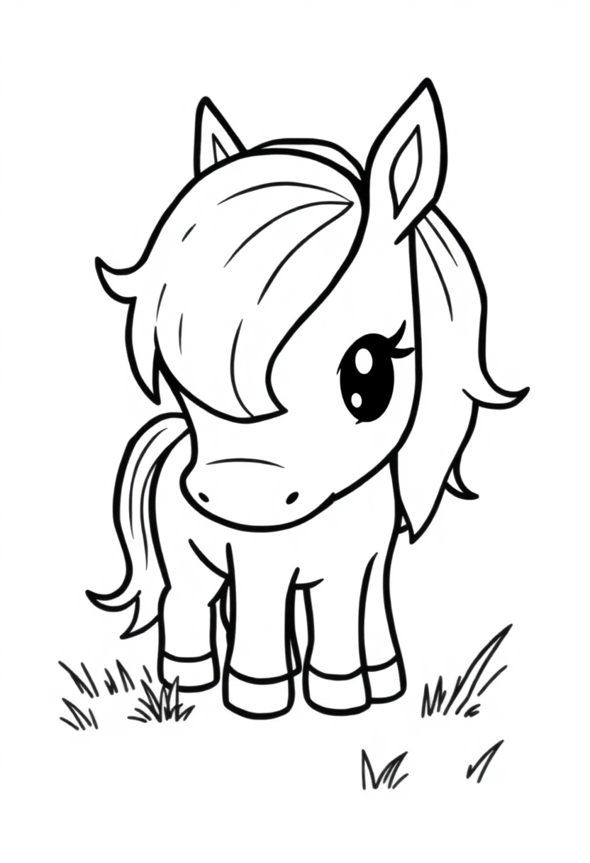 Pony Grazing coloring page, free printable standard style for kids and adults