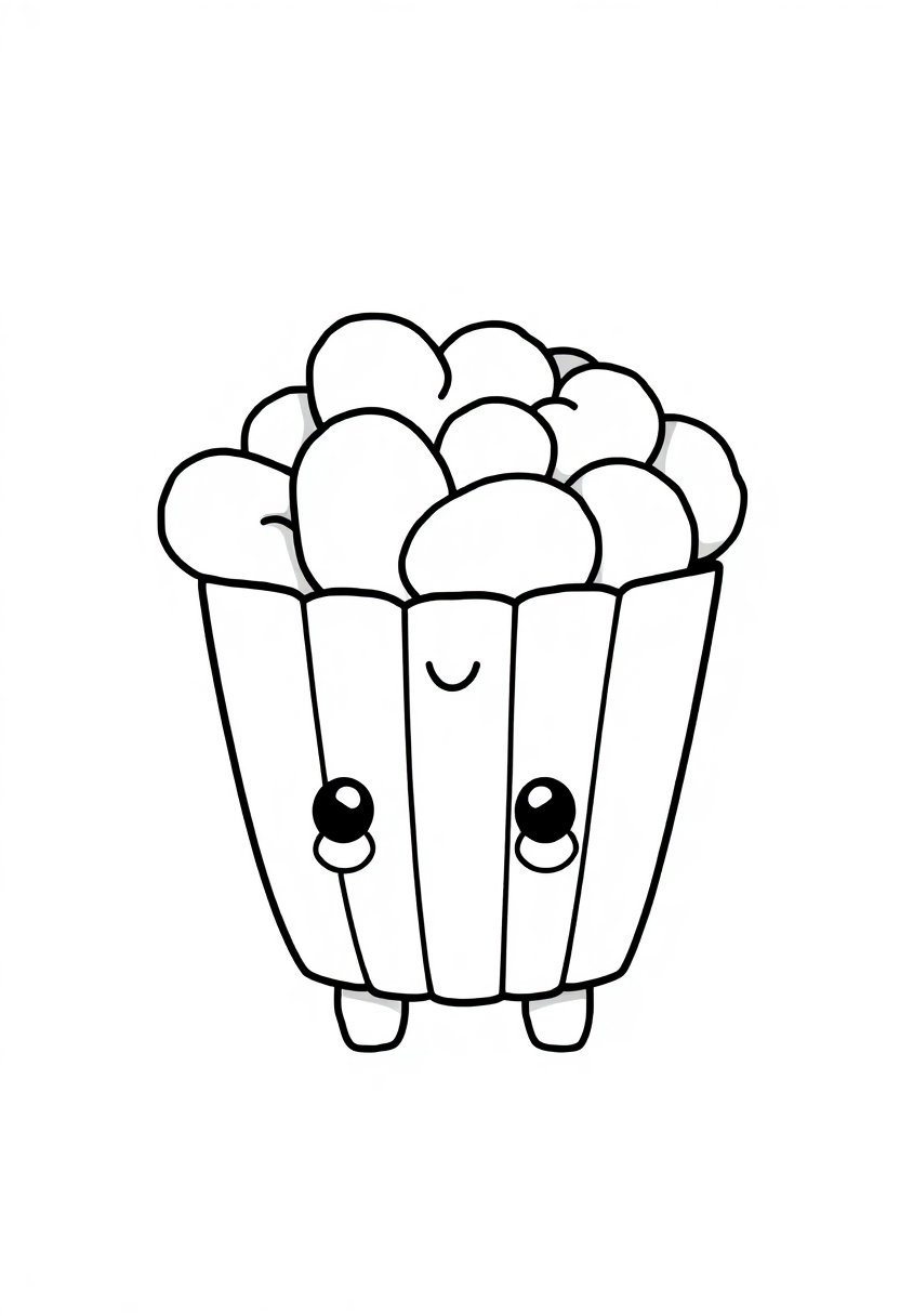Cute cartoon popcorn coloring page with smiling container and fluffy kernels, bold outlines for easy coloring