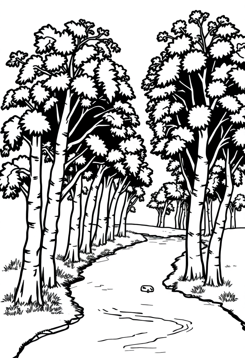 Poplar Trees Along River coloring page, free printable standard style for kids and adults