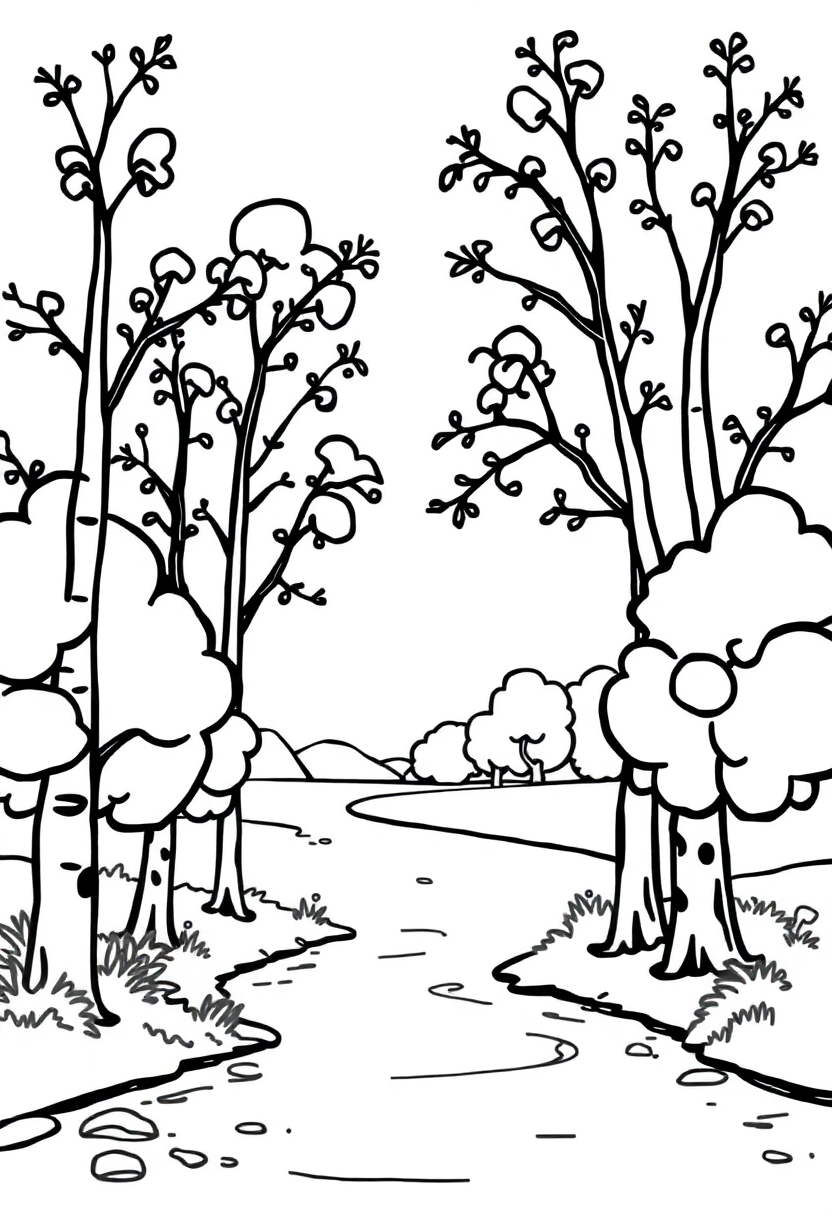 Poplar Trees Along River coloring page, free printable