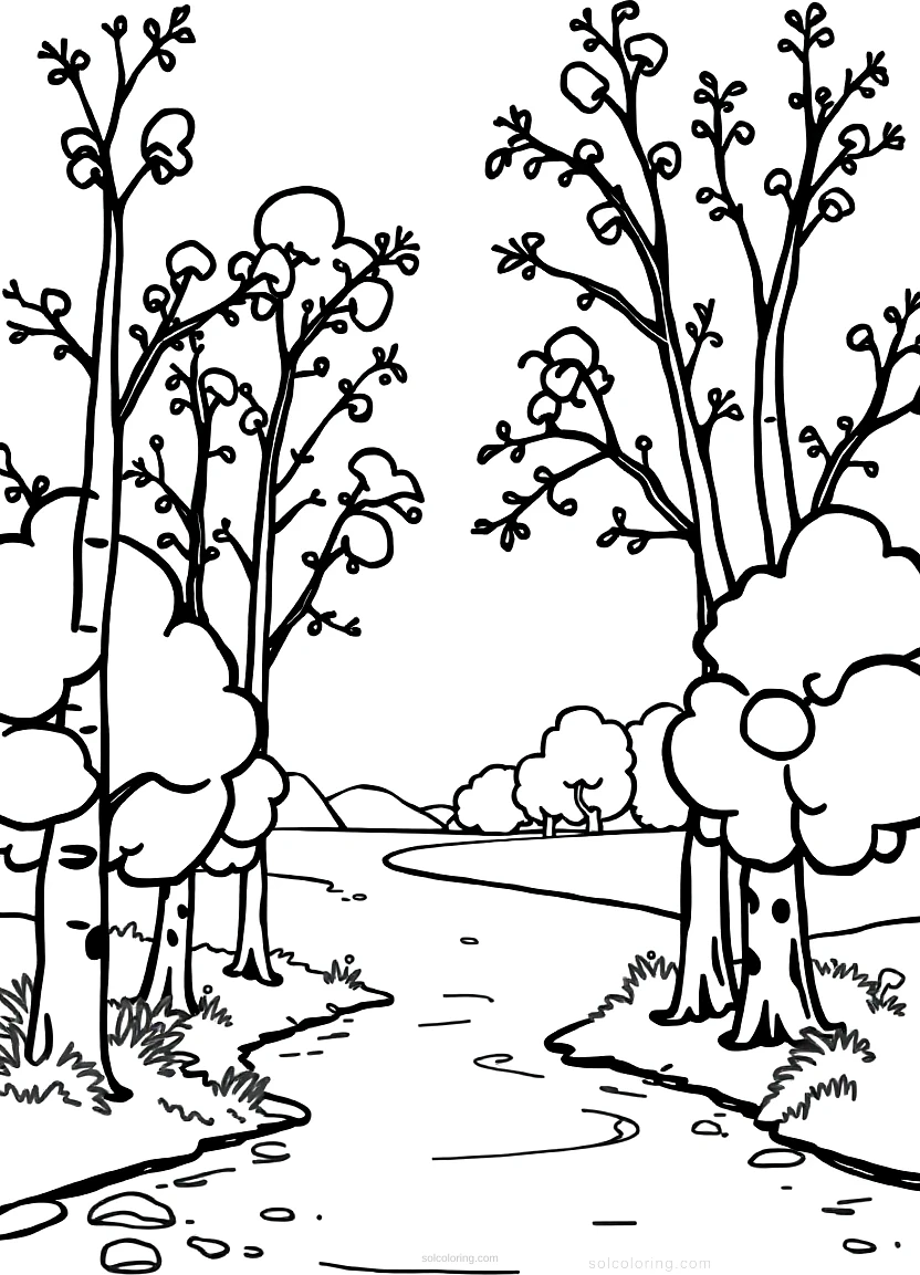 Poplar Trees Along River coloring page for kids
