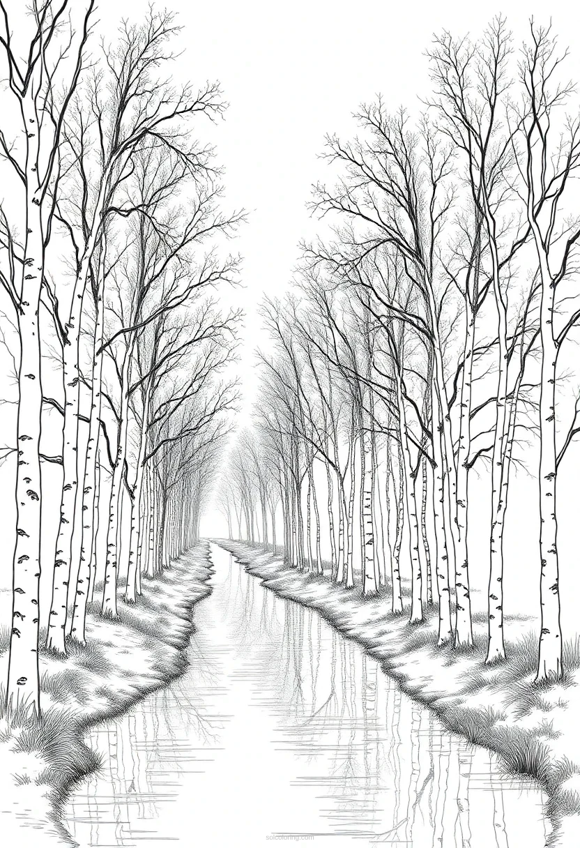 Poplar Trees Along River coloring page for kids