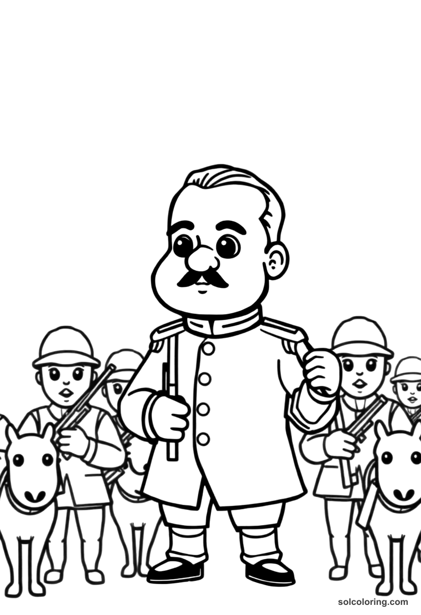 Cute Cartoon Porfirio Diaz Reviewing Mexican Troops coloring page, free printable cute cartoon style