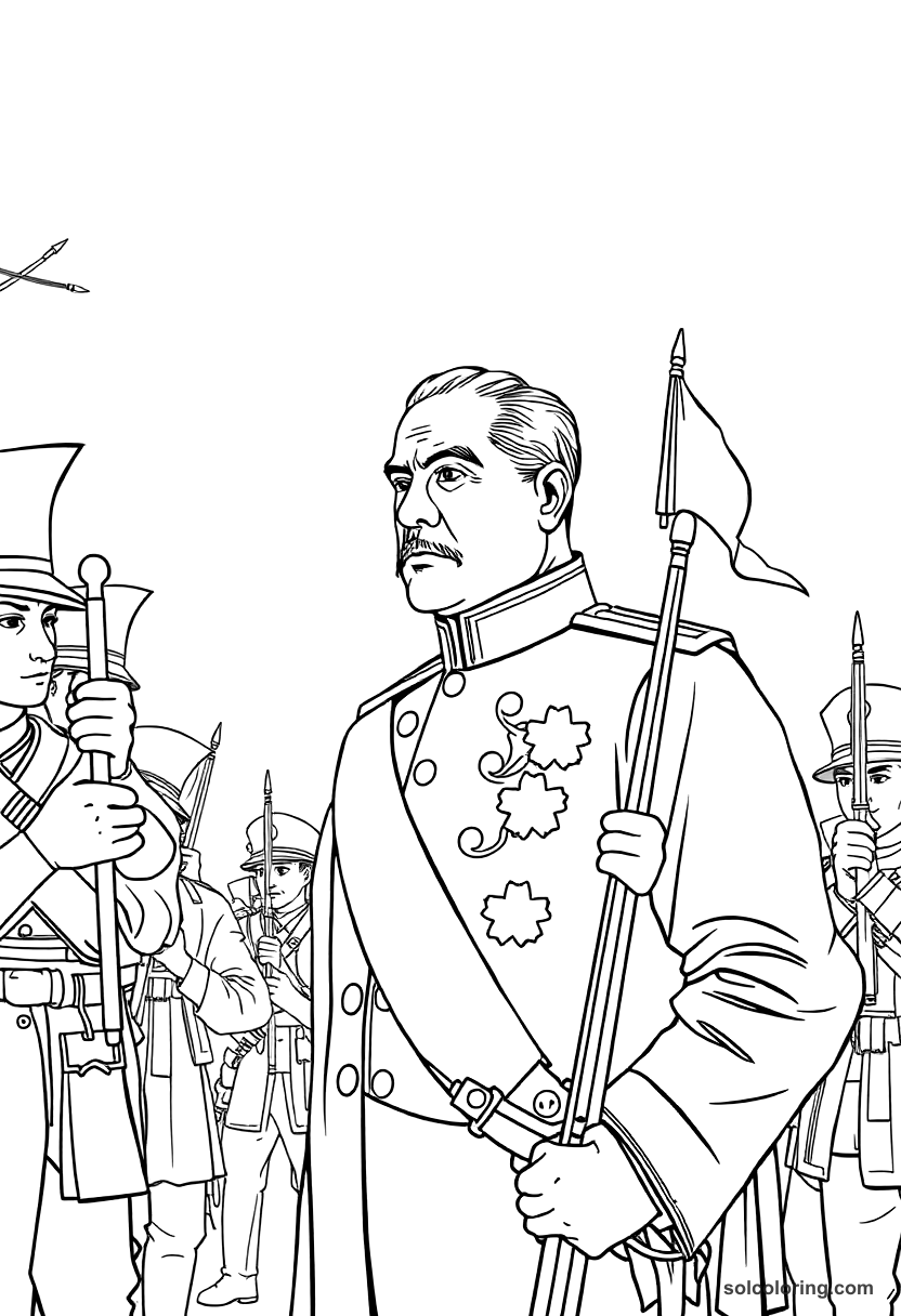 Porfirio Diaz Reviewing Mexican Troops coloring page, free printable detailed style