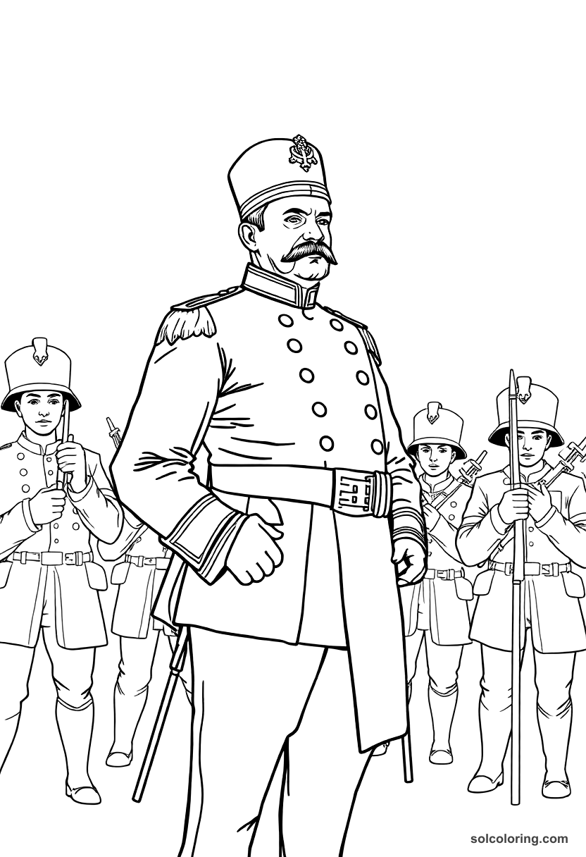 Porfirio Diaz Reviewing Mexican Troops coloring page, free printable realistic style