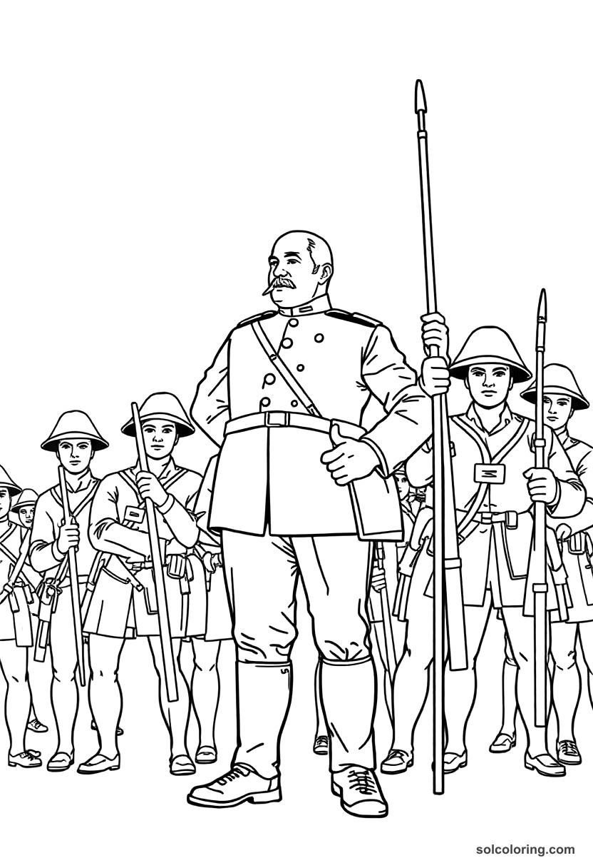 Simple Porfirio Diaz Reviewing Mexican Troops coloring page, free printable simple style