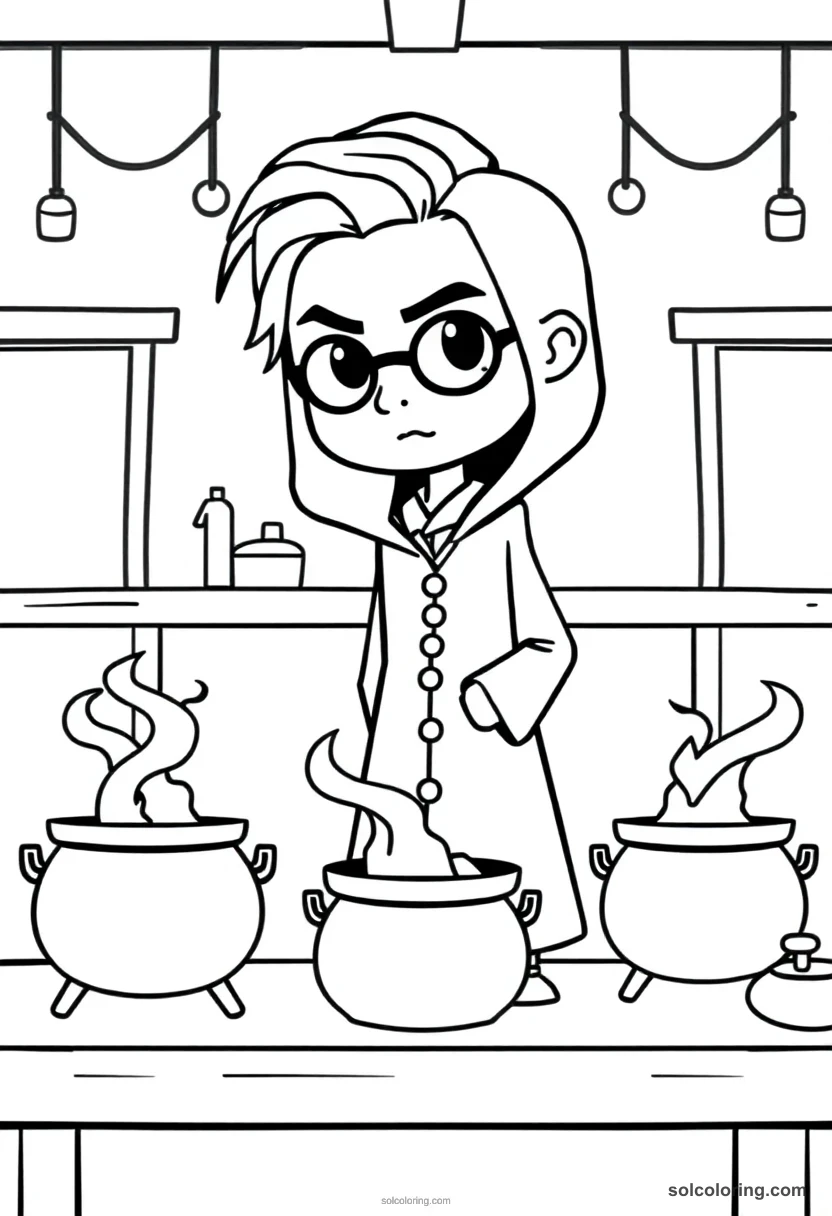 Chibi Potions Classroom with a Strict Dark-Robed Teacher and Simmering Cauldrons chibi coloring page for kids