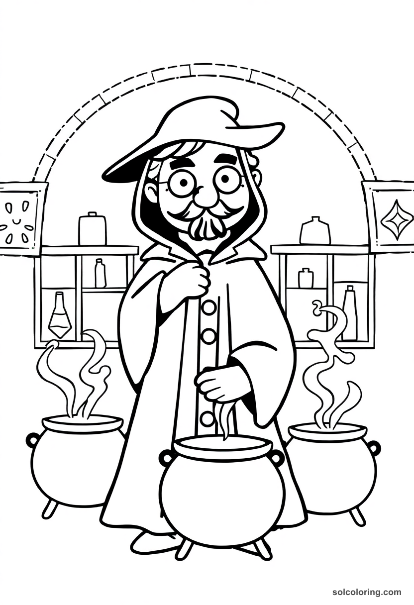 Cute cartoon potions classroom coloring page with strict teacher in dark robes and bubbling cauldrons on desks