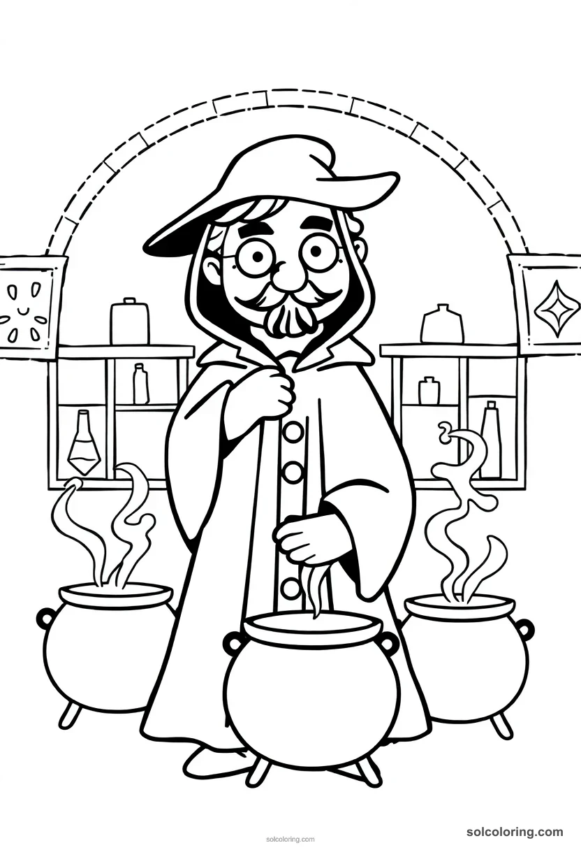 Cute Cartoon Potions Classroom with a Strict Dark-Robed Teacher and Simmering Cauldrons cute cartoon coloring page for kids