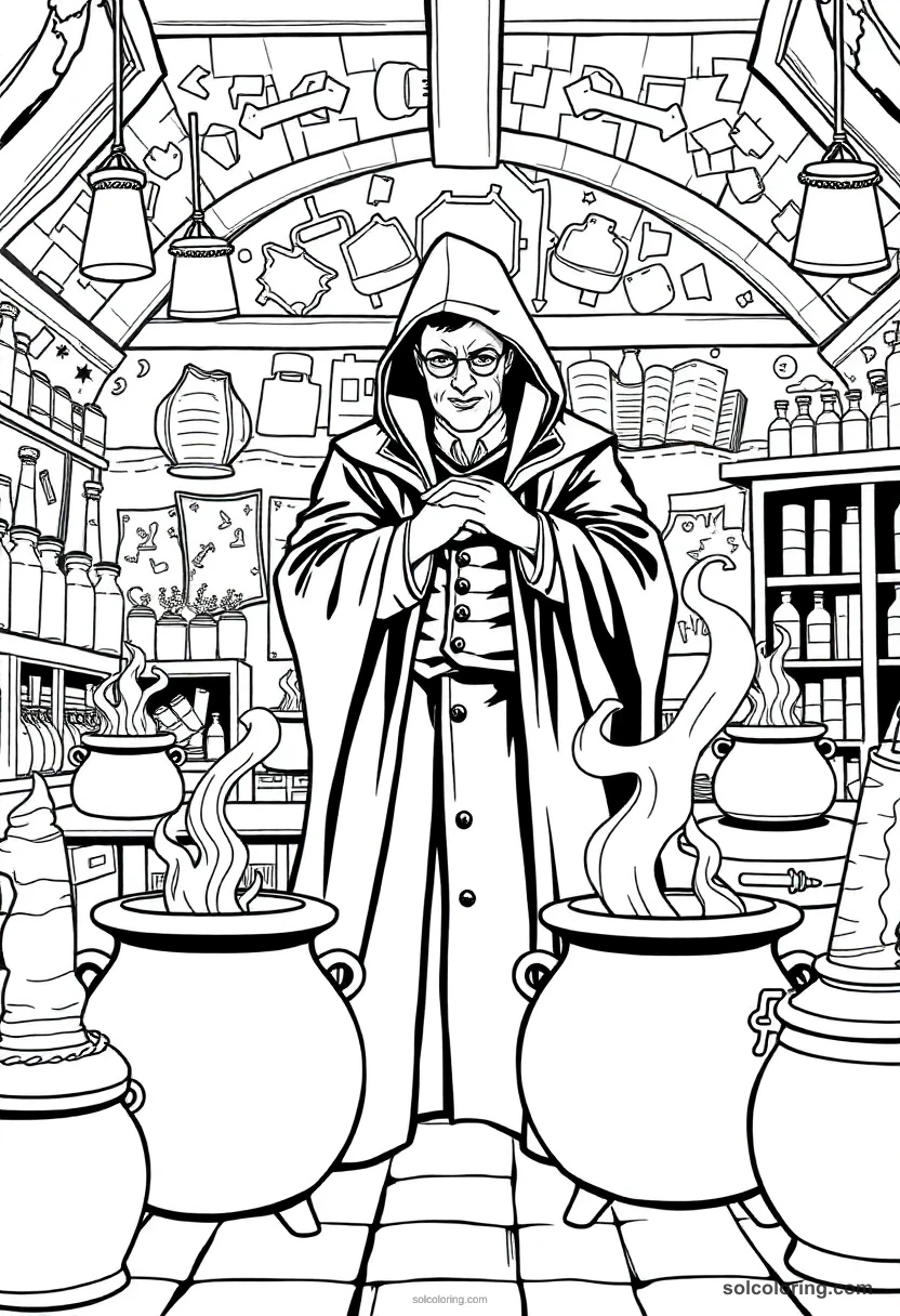 Potions Classroom with a Strict Dark-Robed Teacher and Simmering Cauldrons detailed coloring page for kids