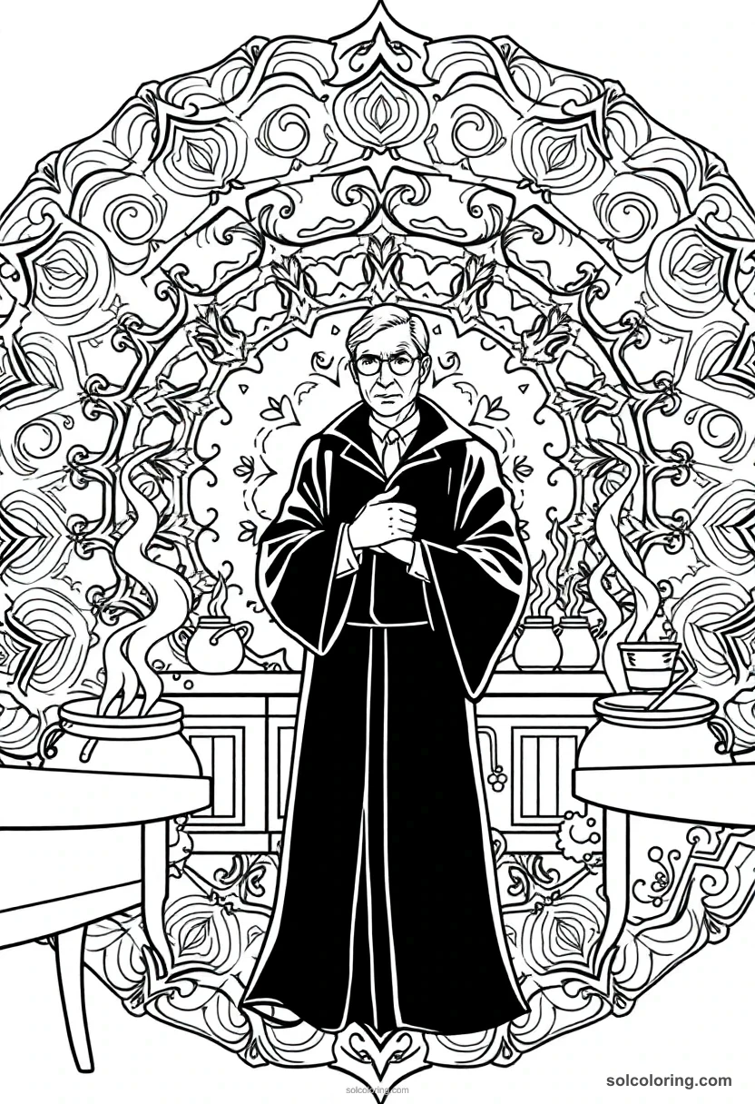 Mandala Potions Classroom with a Strict Dark-Robed Teacher and Simmering Cauldrons mandala coloring page for kids