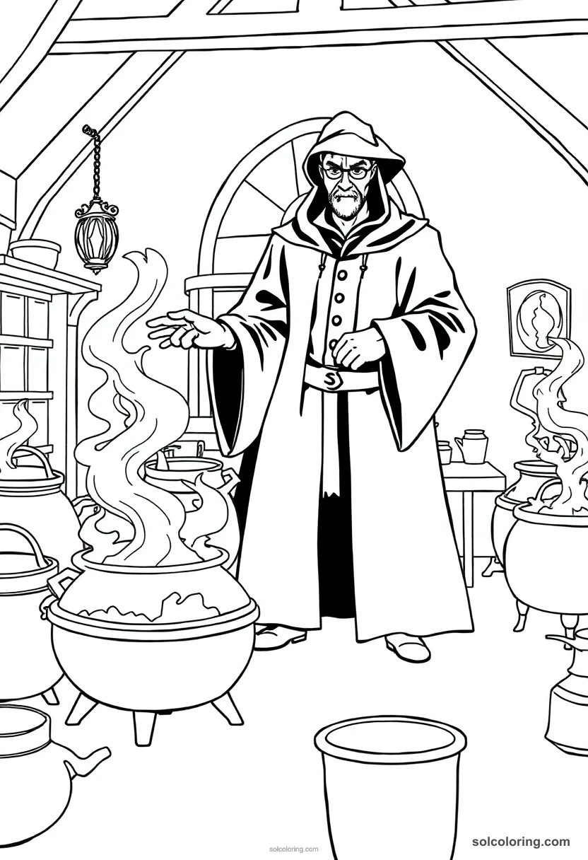 Potions Classroom With A Strict Dark Robed Teacher And Simmering Cauldrons coloring pages