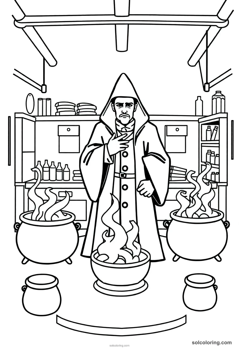 Simple Potions Classroom with a Strict Dark-Robed Teacher and Simmering Cauldrons simple coloring page for kids