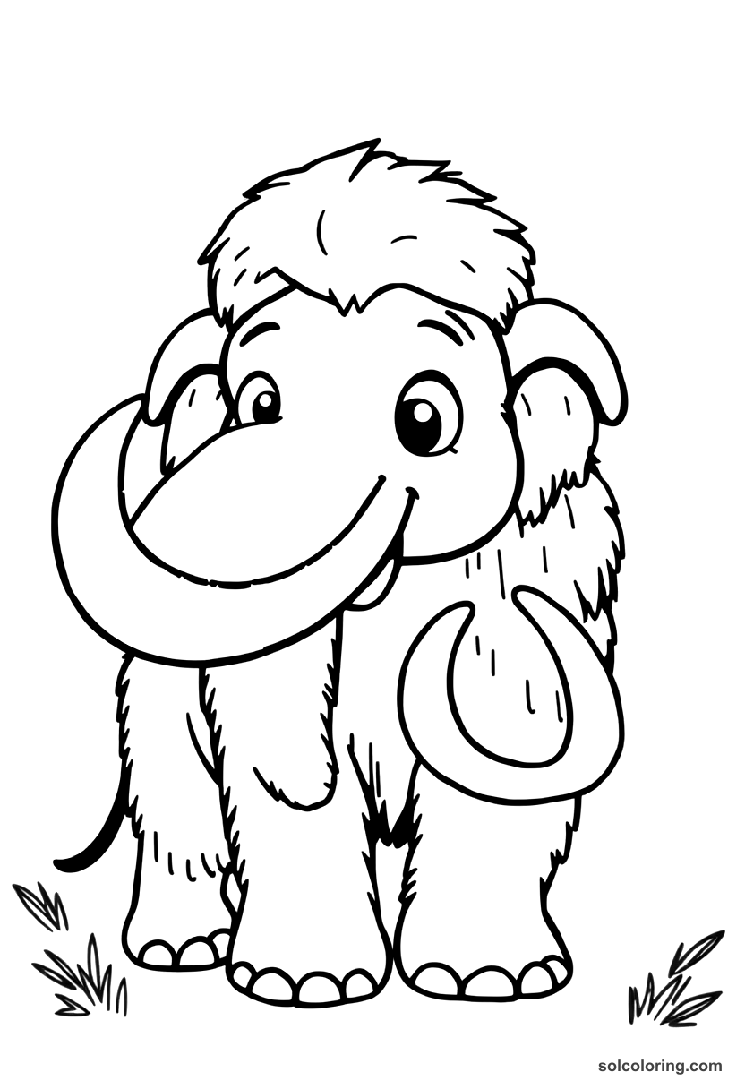 Cute Cartoon Prehistoric Woolly Mammoth Hunt coloring page, free printable cute cartoon style