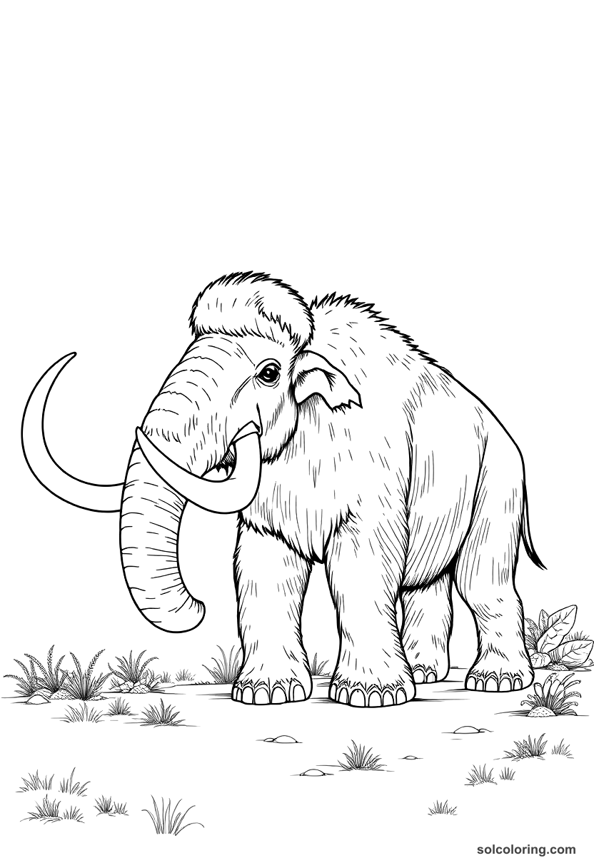 Prehistoric Woolly Mammoth Hunt coloring page, free printable detailed style