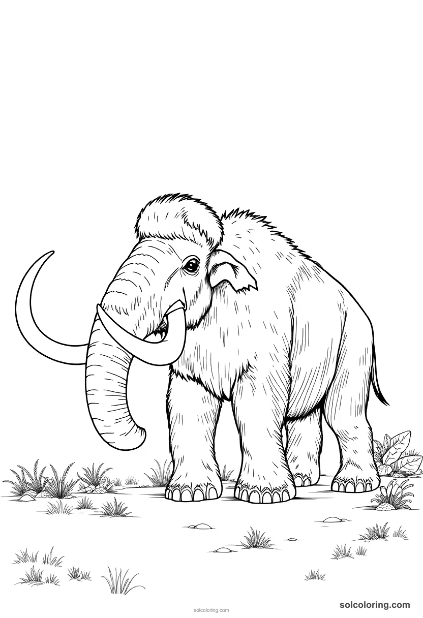 Prehistoric Woolly Mammoth Hunt detailed coloring page for kids