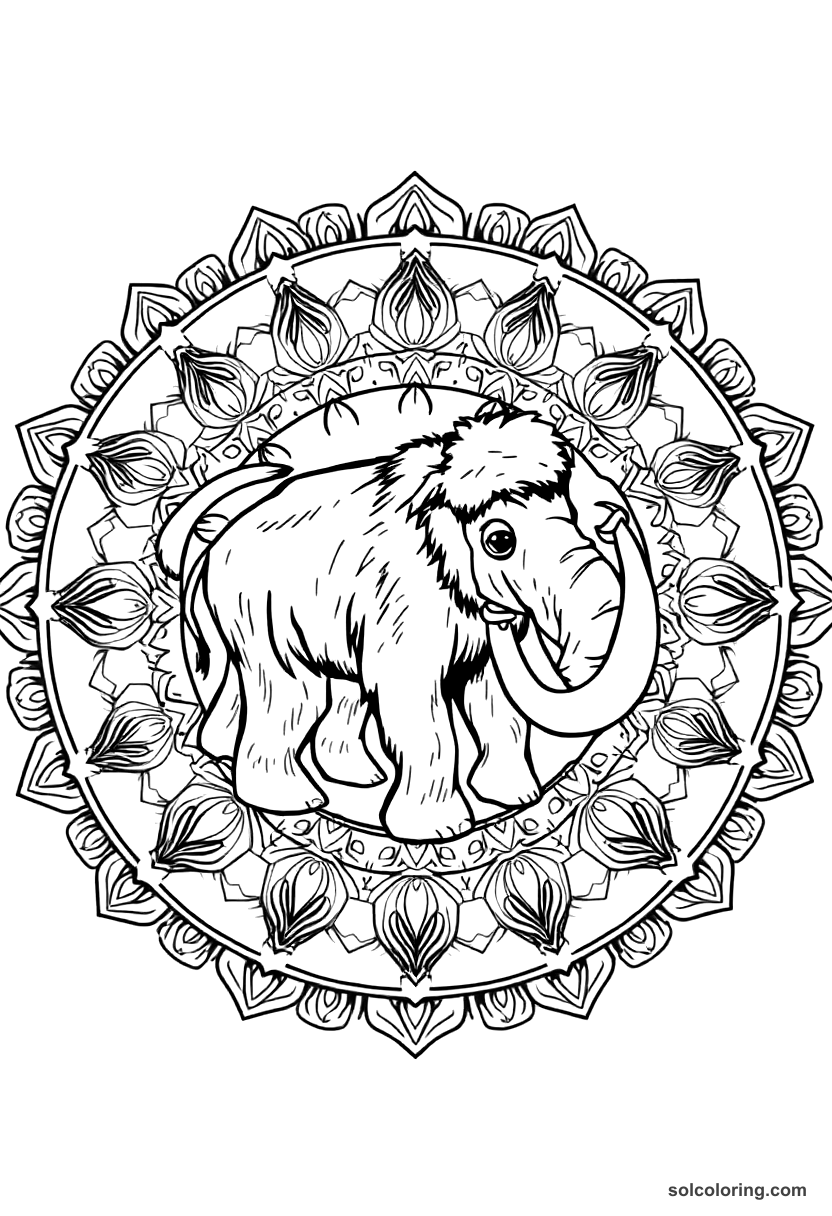 Mandala Prehistoric Woolly Mammoth Hunt coloring page, free printable mandala style