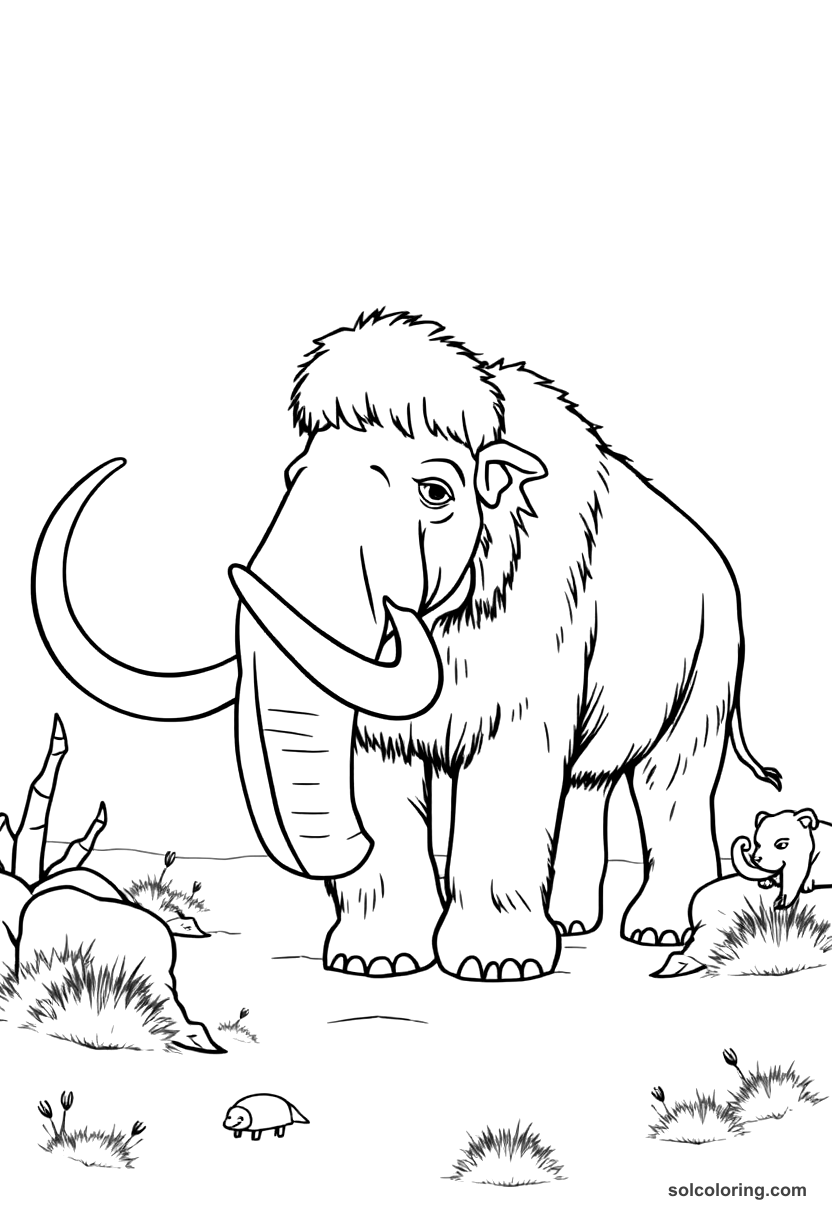 Simple Prehistoric Woolly Mammoth Hunt coloring page, free printable simple style