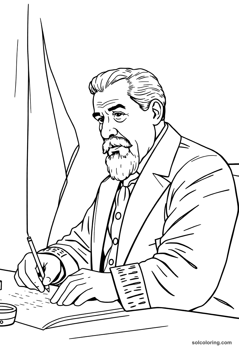 President Lazaro Cardenas Signing Oil Nationalization coloring page, free printable detailed style
