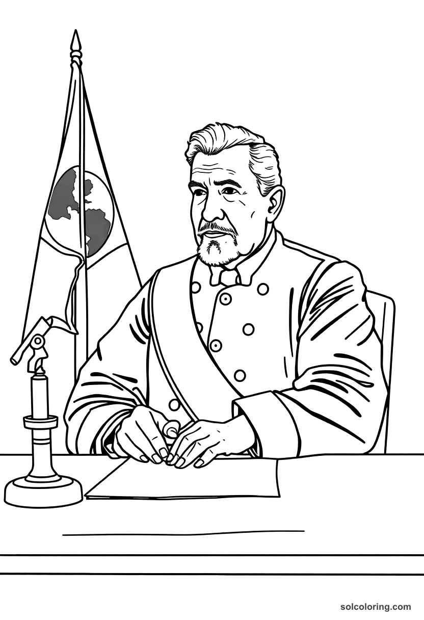 President Lazaro Cardenas Signing Oil Nationalization coloring page, free printable realistic style