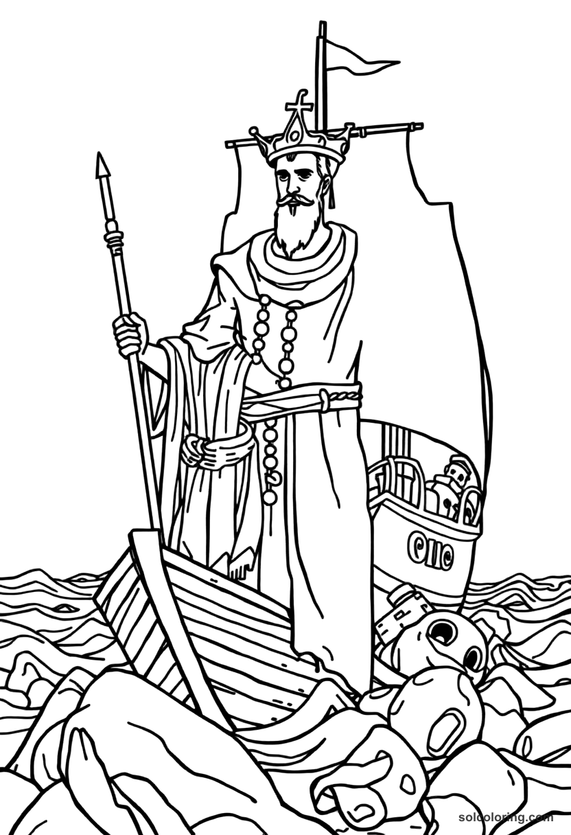 Prince Agib wandering after his ship sinks coloring page, free printable detailed style