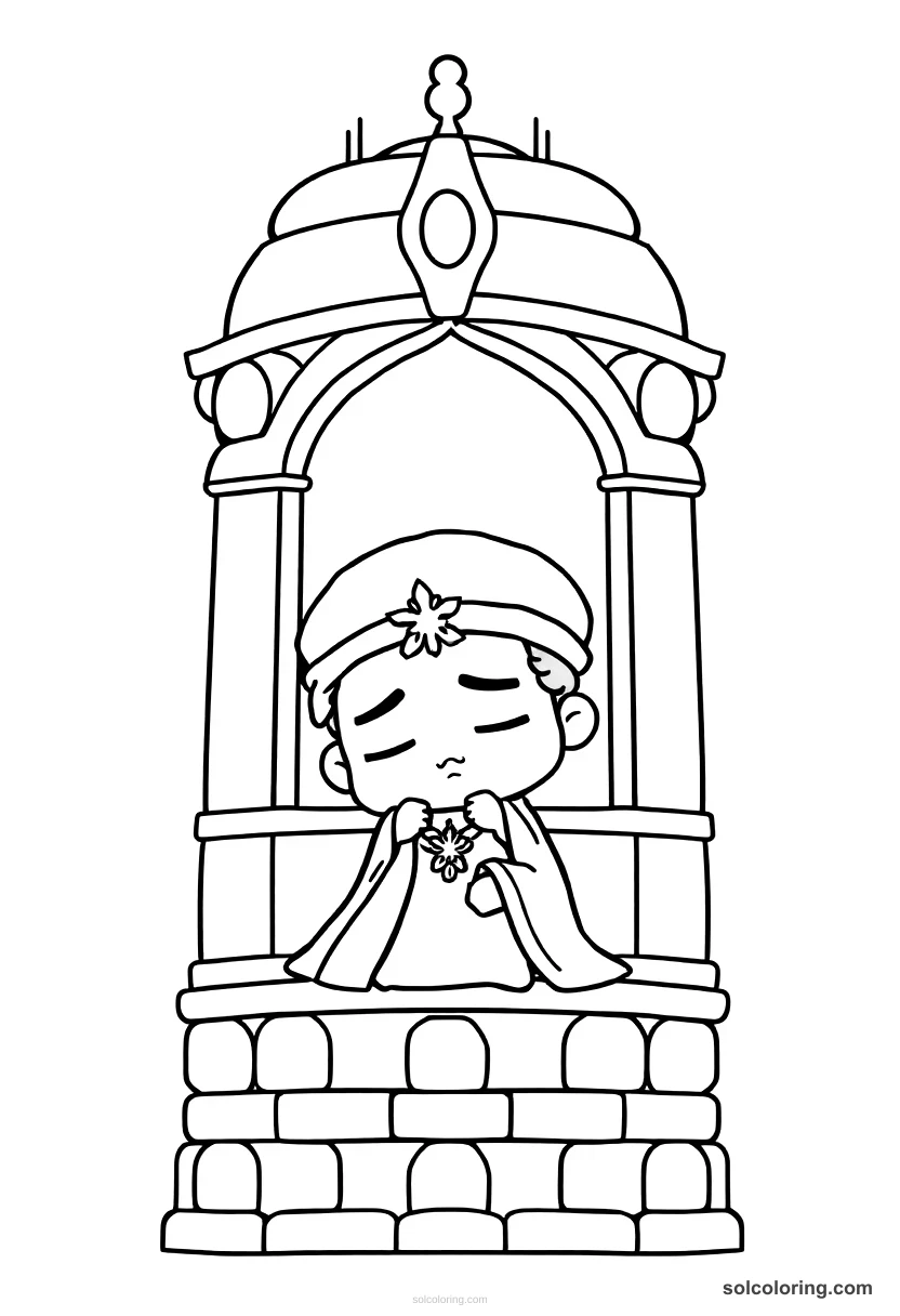 Chibi Prince Qamar al-Zaman sleeping in the tower chibi coloring page for kids
