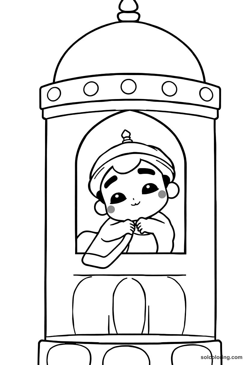 Cute Cartoon Prince Qamar al-Zaman sleeping in the tower coloring page, free printable cute cartoon style