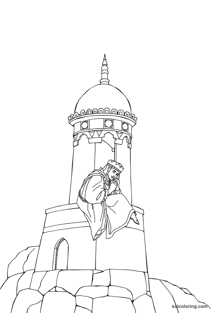 Prince Qamar al-Zaman sleeping in the tower coloring page, free printable detailed style