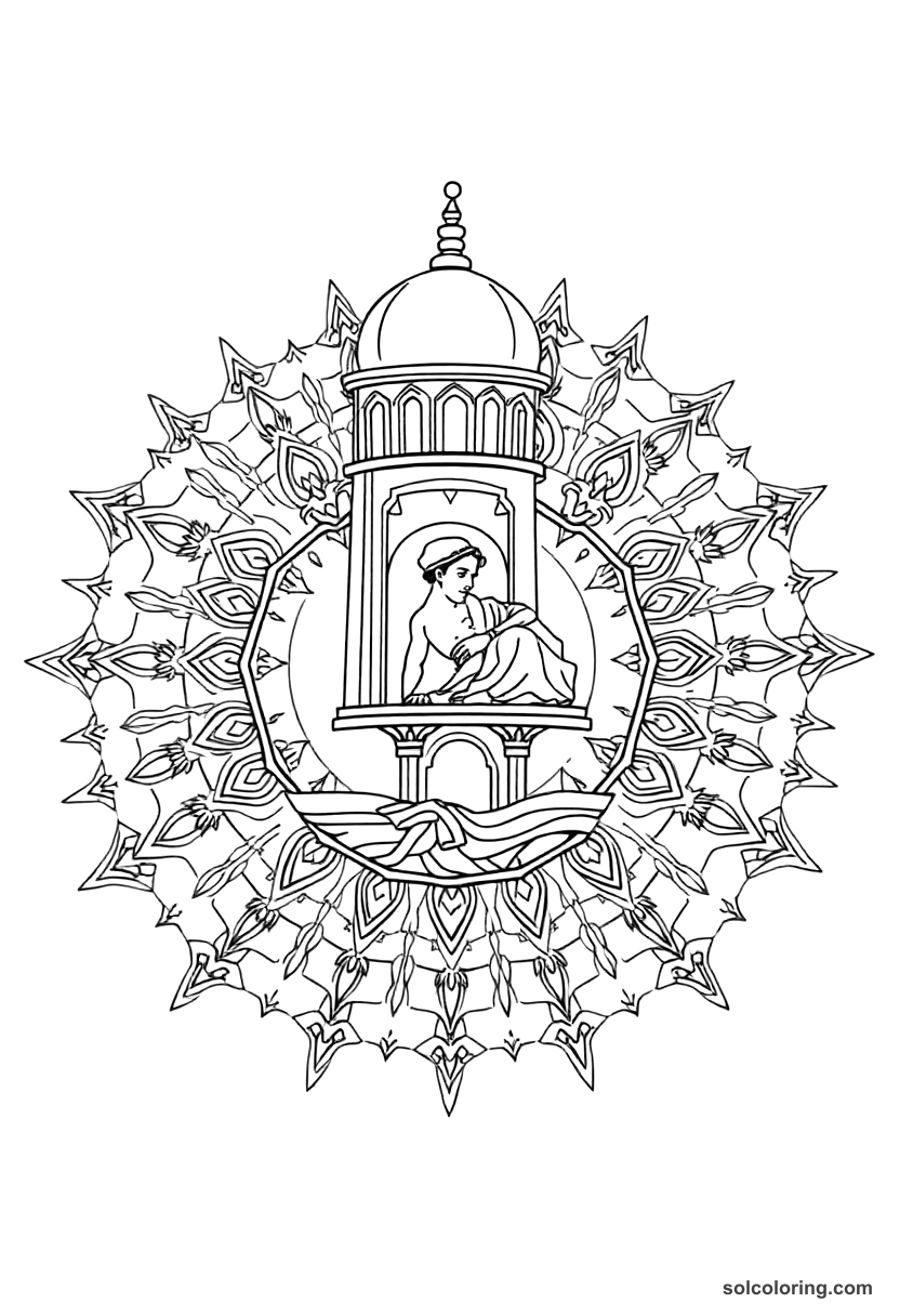 Mandala Prince Qamar al-Zaman sleeping in the tower coloring page, free printable mandala style