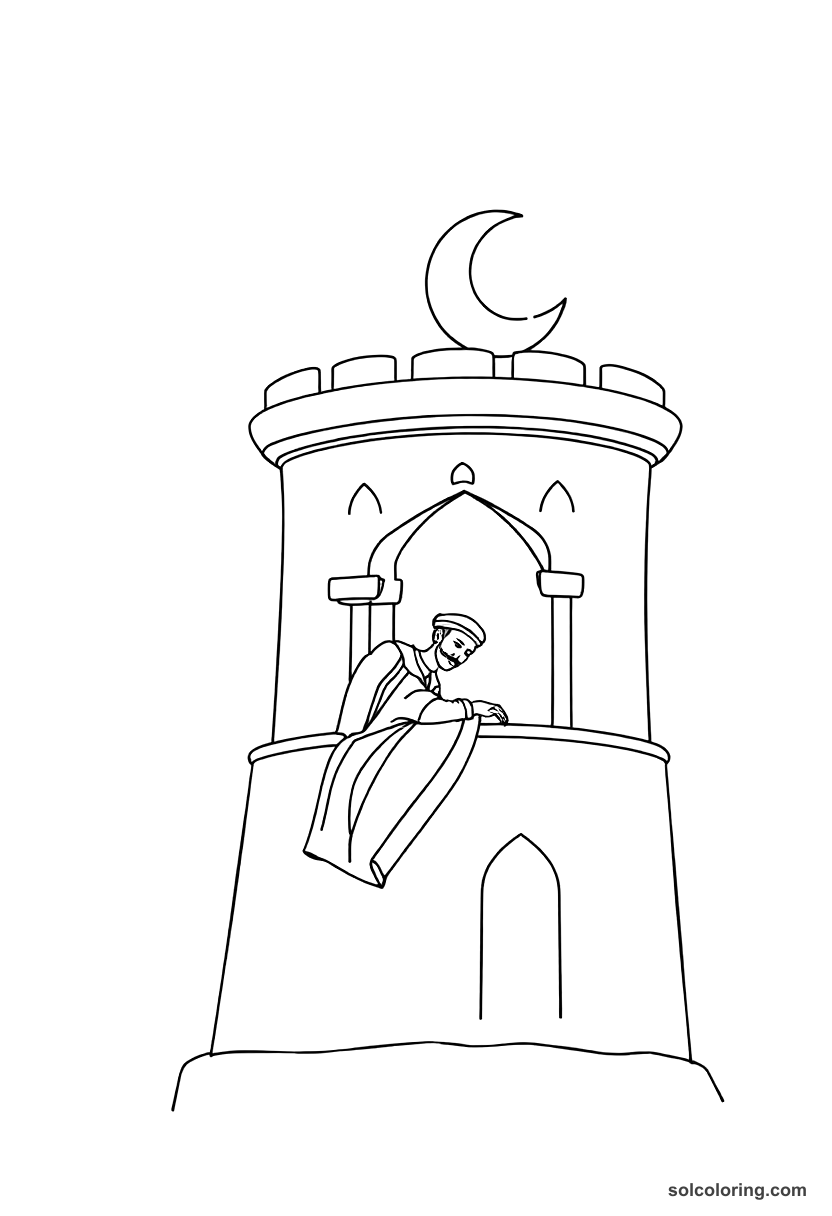 Simple Prince Qamar al-Zaman sleeping in the tower coloring page, free printable simple style