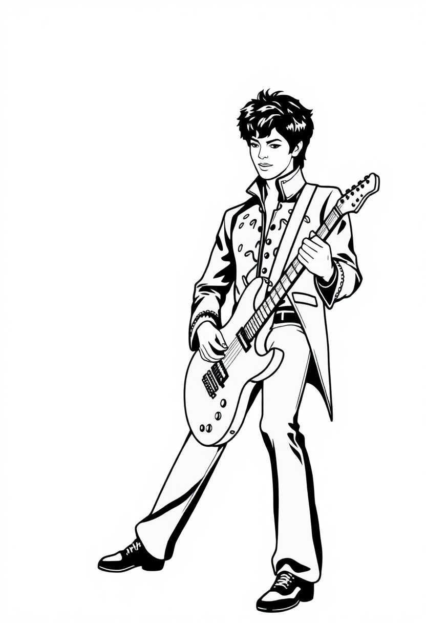 Prince with Guitar coloring page showing music icon holding guitar with bold black outlines for easy coloring