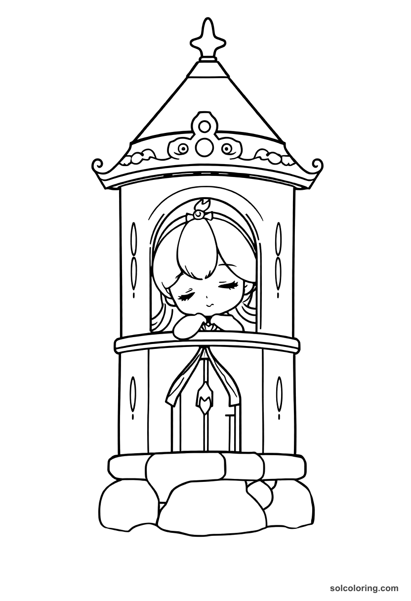 Chibi Princess Budur asleep in her own tower coloring page, free printable chibi style