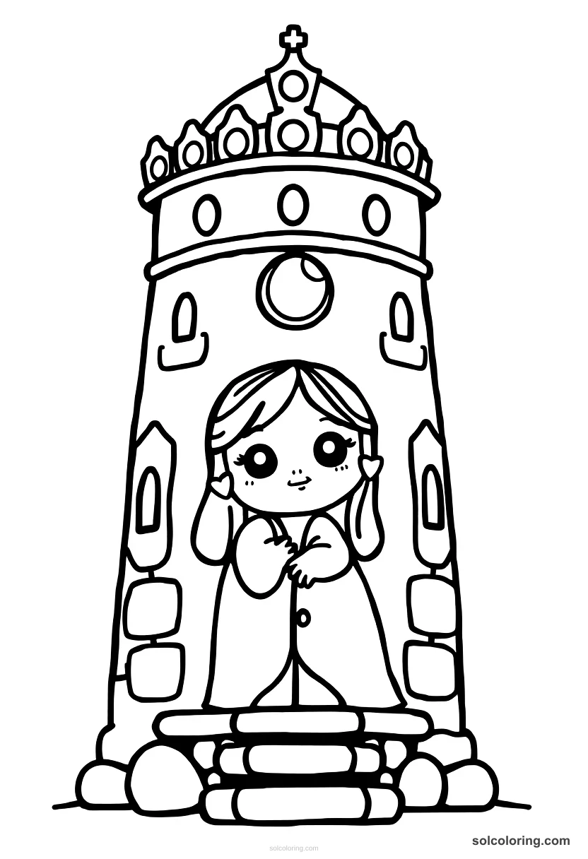 Cute Cartoon Princess Budur asleep in her own tower cute cartoon coloring page for kids